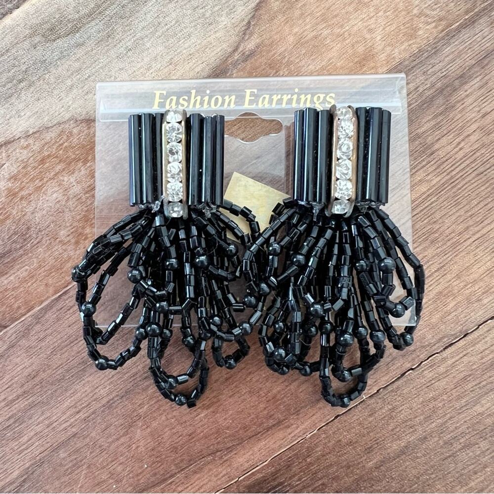 1980s beaded retro clip on earrings black beads formal cocktail black tie